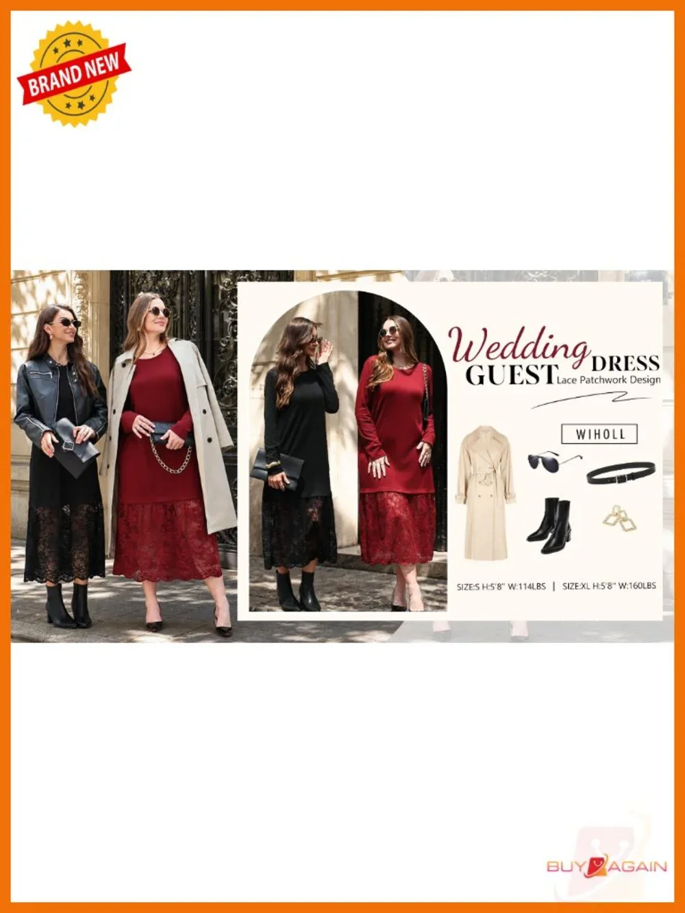 Midi Dress Long Sleeve Lace Patchwork Fall Wedding Guest